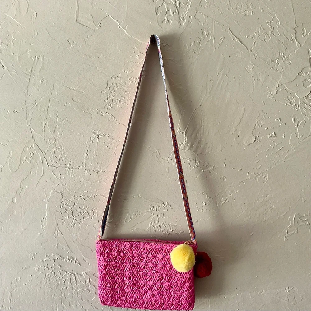 Old Navy Pink Woven Kids Crossbody Bag with Pom Poms